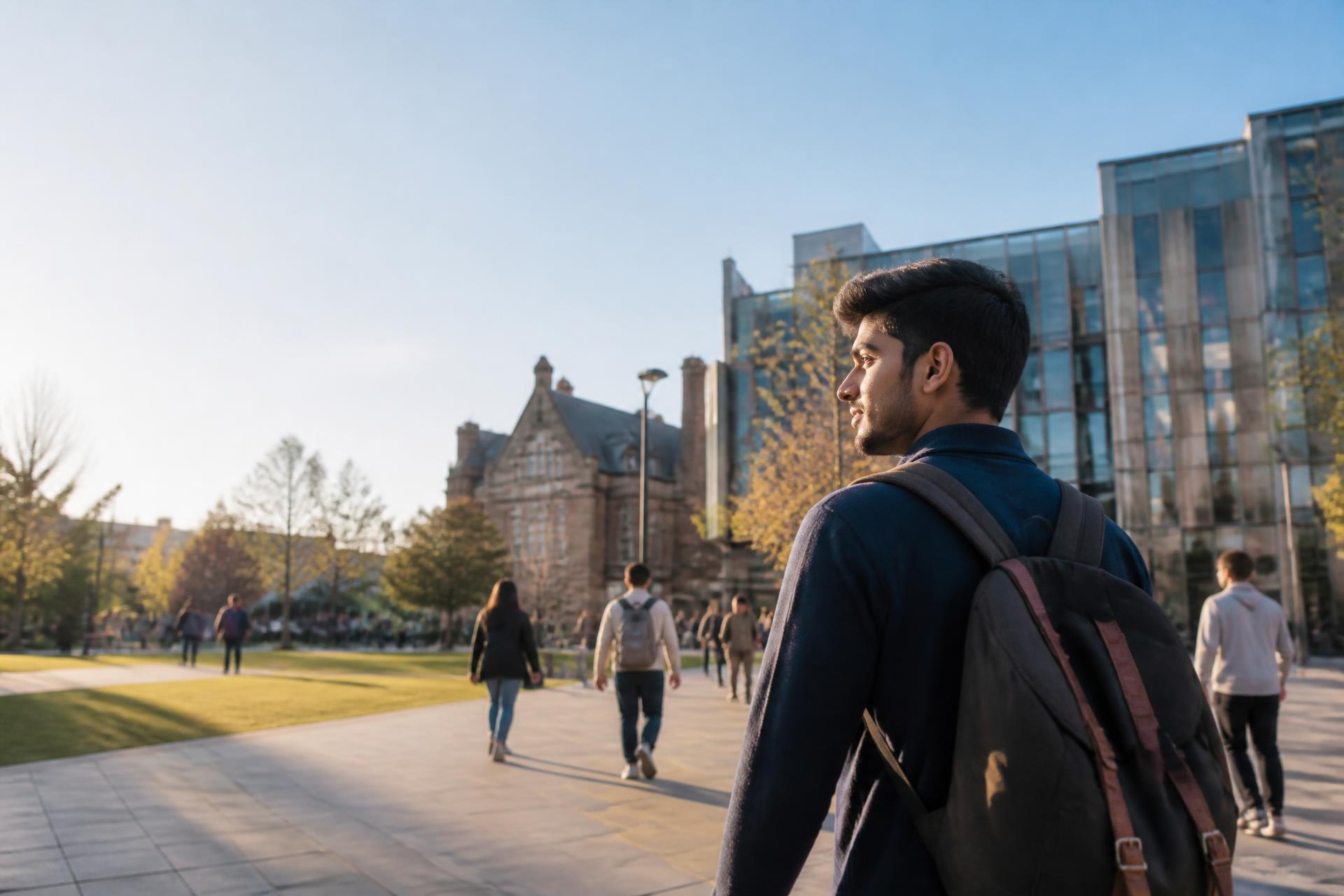 A student walking across a university campus